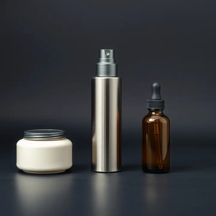 The NANO RX interface media: an unlabelled ceramic balm jar, a brushed aluminium spray canister and an amber glass dropper bottle.