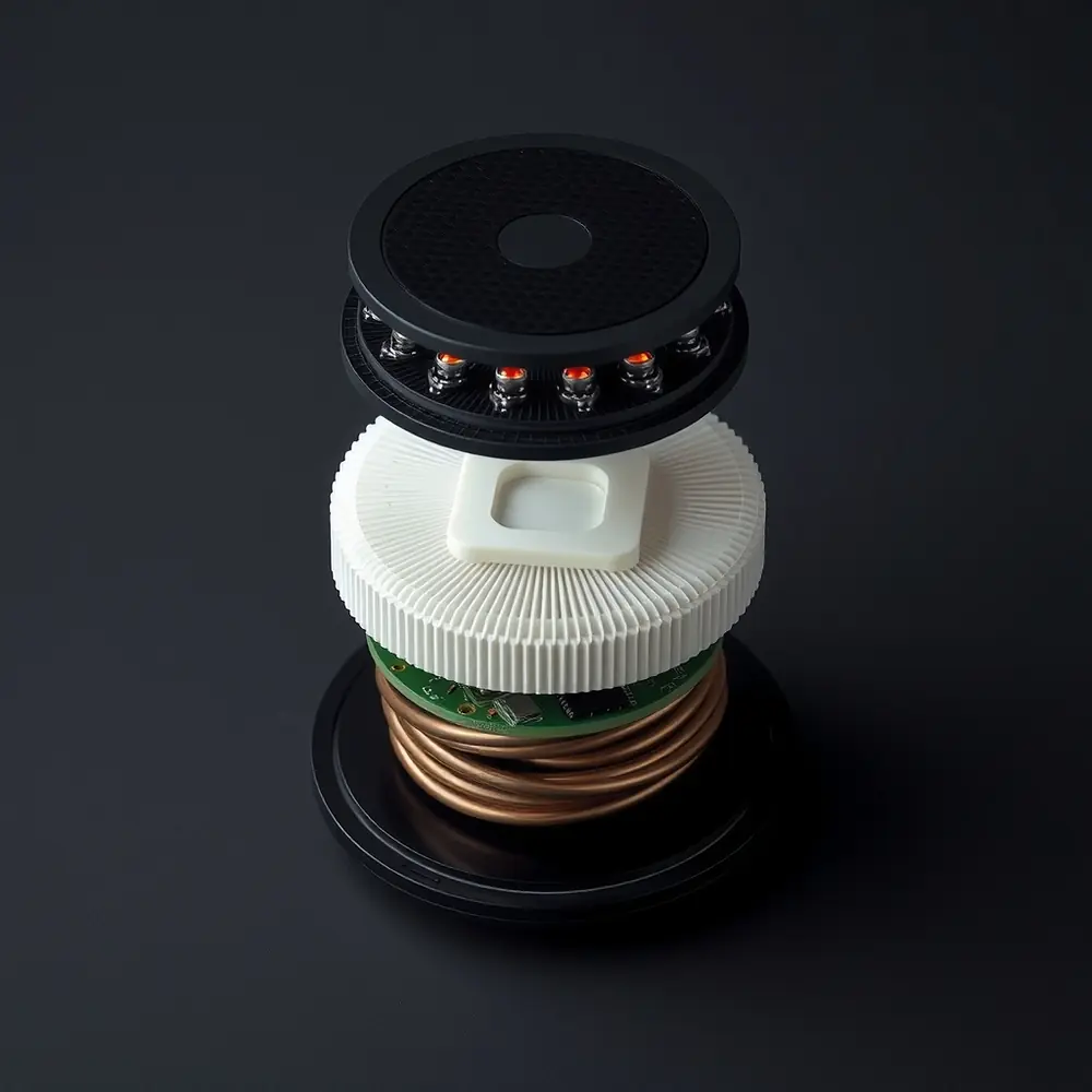 The ORRA Core exploded into its seven layers: anodised top, silicone contact membrane, twelve-emitter photonic board, ceramic Peltier plate, copper Litz pancake coil, control board, and the base holding the cell and the charging coil.