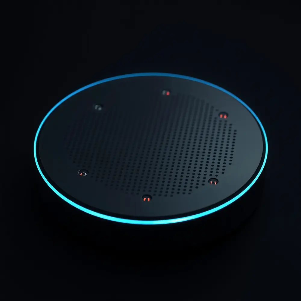 The ORRA Core: a matte black anodised disc 75 mm across and 15 mm thick, with a micro-perforated top face, a cyan light seam around its rim, and red emitters glowing through from inside.