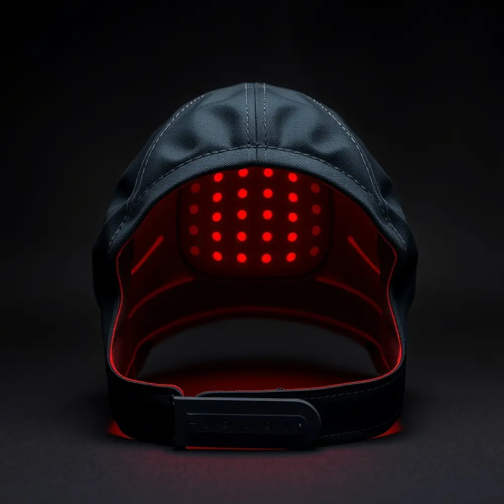 The inside of the ORRA Dome: a grid of red emitters set into the forehead liner, two flat copper spiral coils sewn into the crown above them, and the drive module on the rear strap.