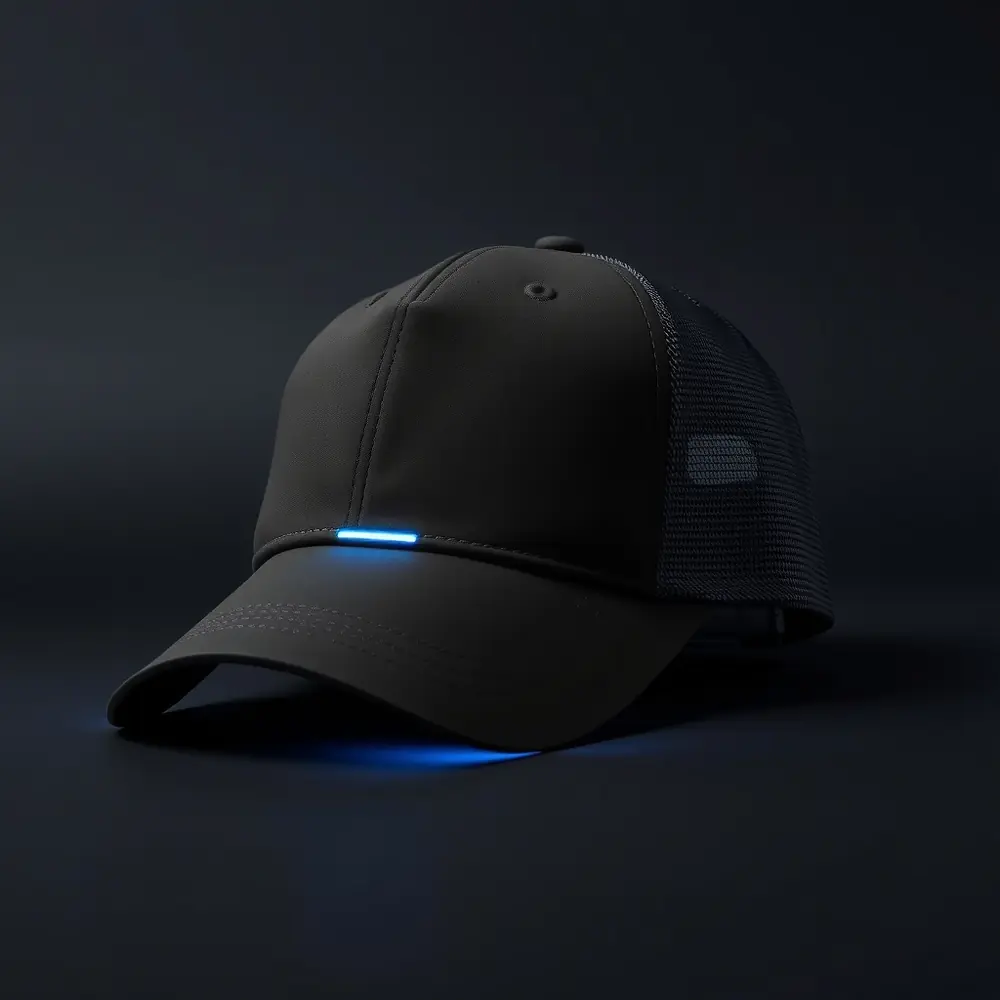 The ORRA Dome: a matte black structured five-panel cap with a charcoal drive module on the rear strap and red light glowing from the forehead liner onto the underside of the brim.