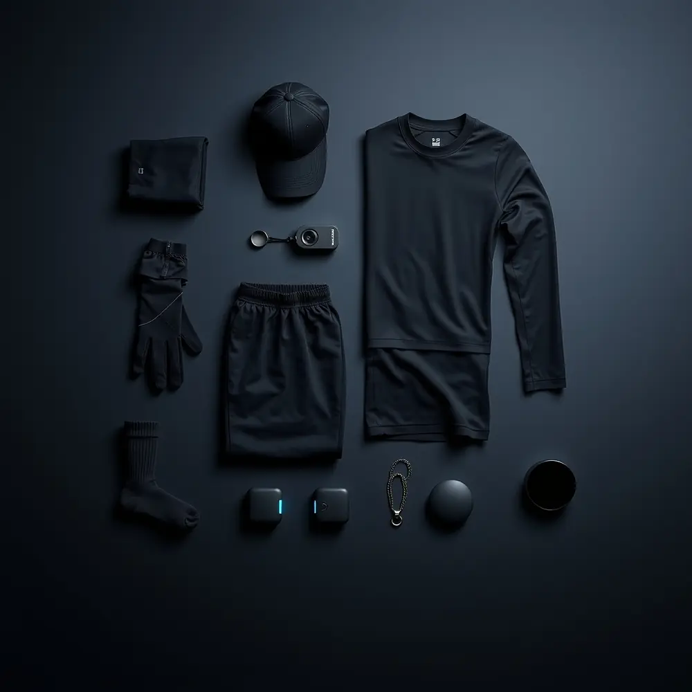 The nine ORRA units laid out flat: the Dome cap, the Neural Suit, the Neural LS, the Shorts, the Pants, a Glove, a Strides sock, the Node pendant, and the Core.