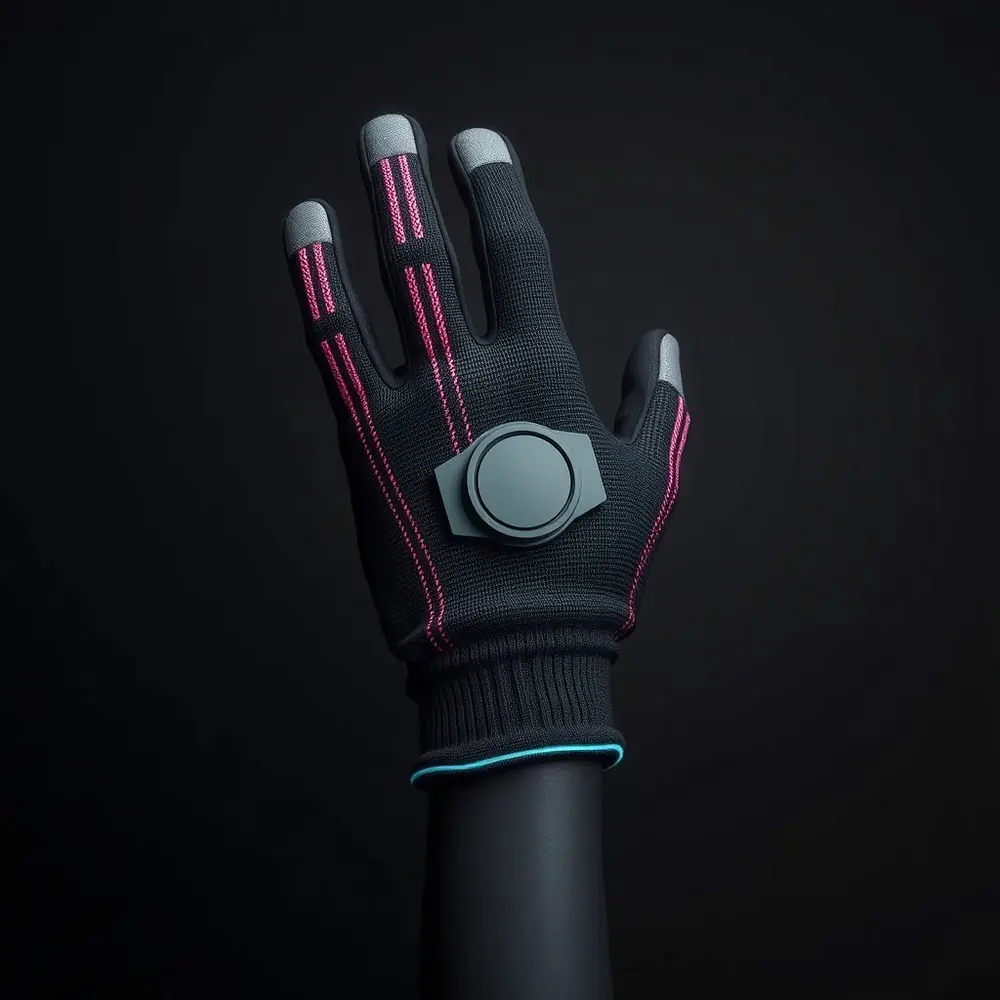 The ORRA Glove: a matte black knit glove with a reinforced knuckle weave, magenta filament coils across the back of the hand and wrist, grey conductive fingertips, and a round drive module at the wrist cuff.