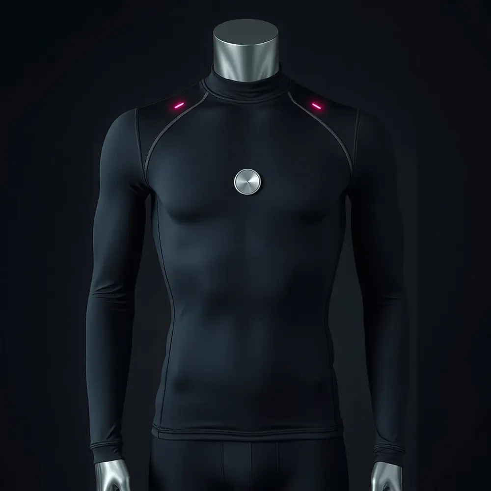 The ORRA Neural LS: a matte black long-sleeve compression top with the silver filament weave carried to both cuffs and rings of magenta-red emitters at the shoulders and biceps.