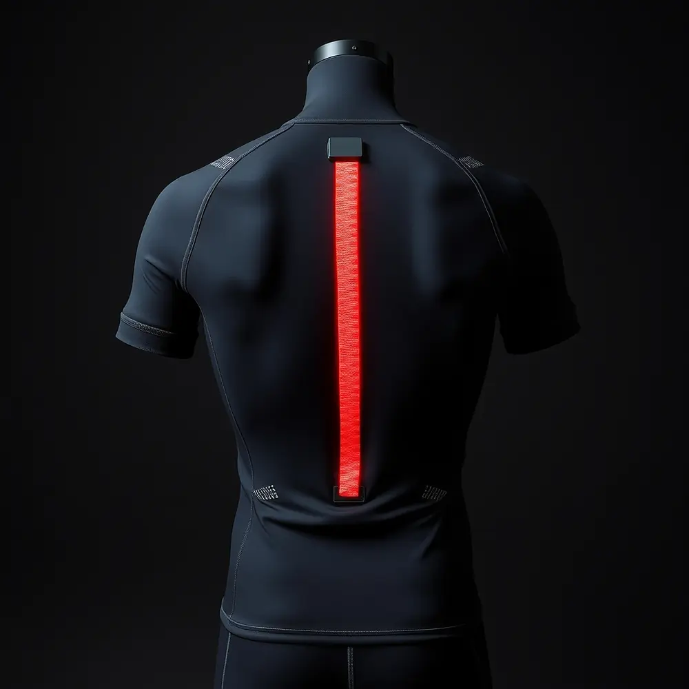 The back of the ORRA Neural Suit: a red-lit spinal panel running from the neck to mid-back, a silver filament weave branching across the shoulder blades, and the drive module at the top of the spine.