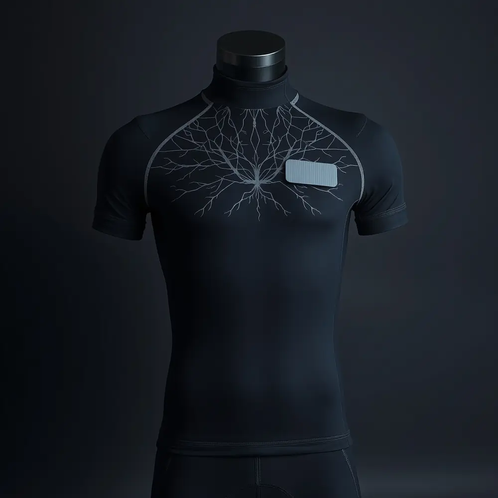 The ORRA Neural Suit: a matte black short-sleeve compression top with a fine silver conductive filament woven in a branching pattern across the chest and shoulders, and a charcoal drive module at the base of the collar.