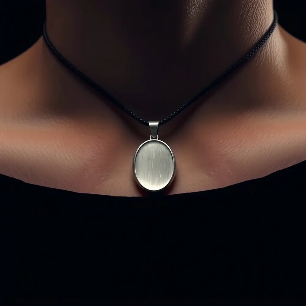 The ORRA Node worn at the base of the throat on its steel cord, its ceramic face against the skin.