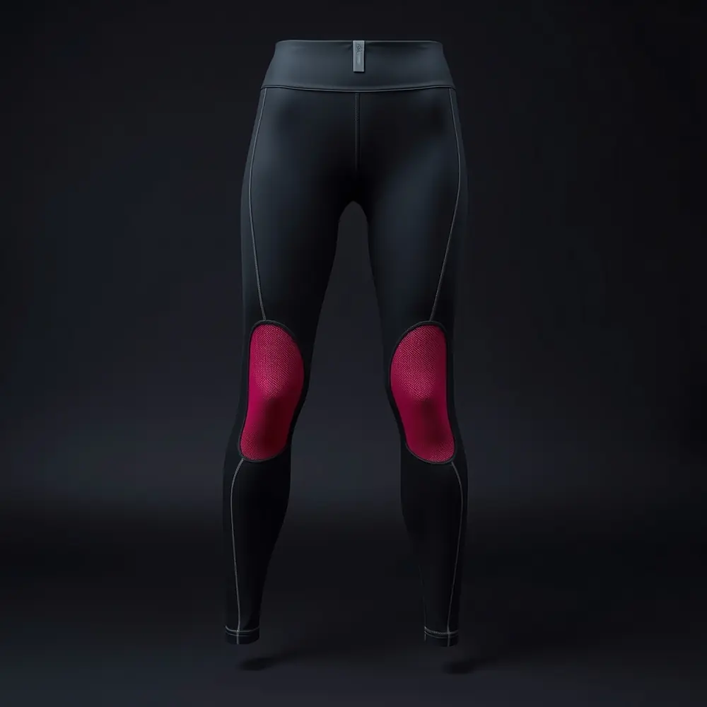 The ORRA Pants: full-length matte black compression tights with magenta mesh panels on the thighs and calves, red emitter rings at both knees, and silver coil weave running hip to ankle.