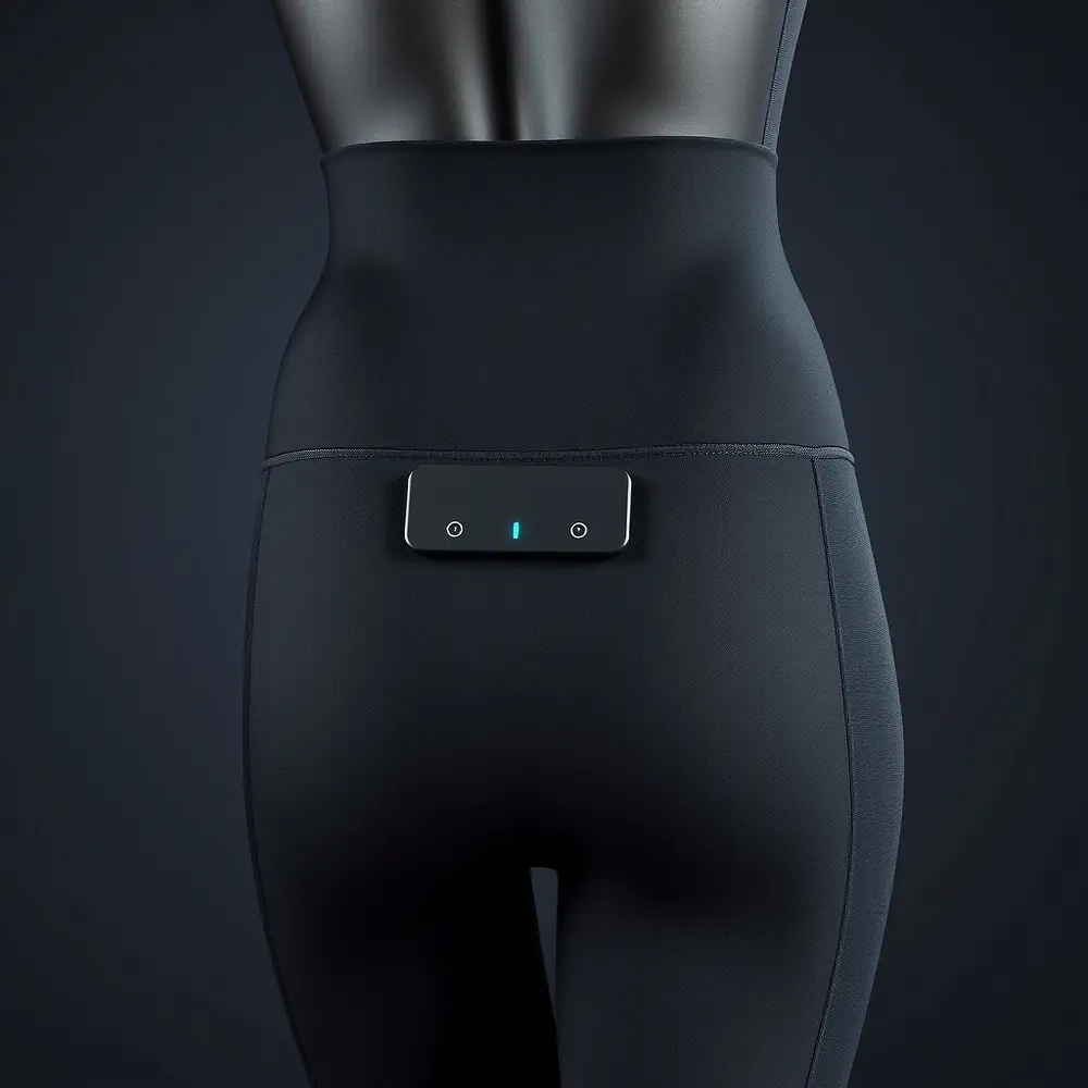The ORRA drive module seated in its moulded recess at the back of the Shorts waistband, its contact pads meeting the conductive weave either side.
