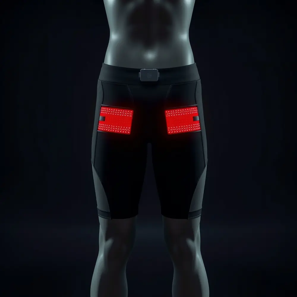 The ORRA Shorts: matte black compression shorts with red emitter panels over both thighs, cyan coil weave banding the quadriceps, and a charcoal drive module clipped into the back of the waistband.