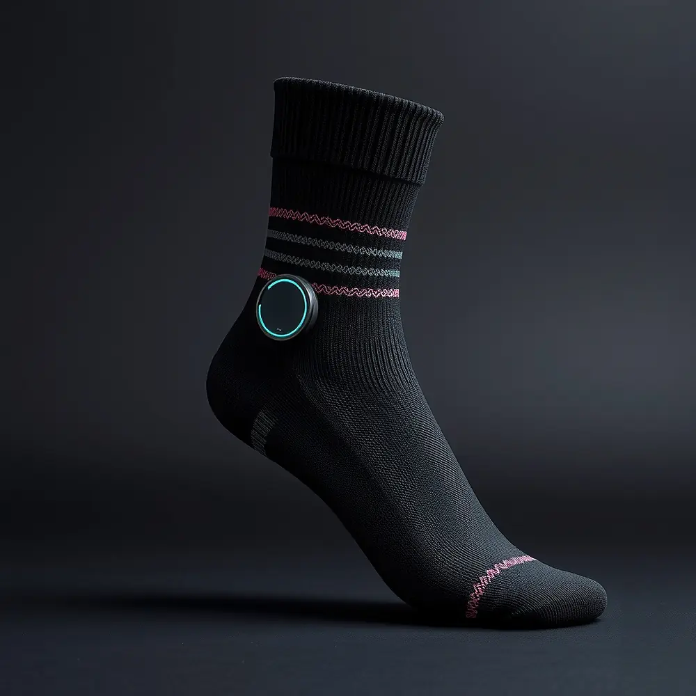 The ORRA Strides sock: matte black compression knit with magenta coil weave over the Achilles and along the arch, and a charcoal disc module set into the outside of the ankle cuff.
